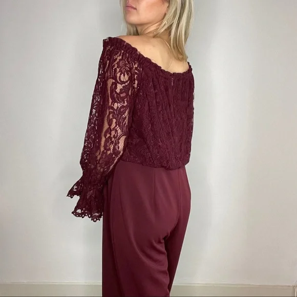Adrianna Papell Burgundy Lace Long Sleeve Jumpsuit - Picture 3 of 13